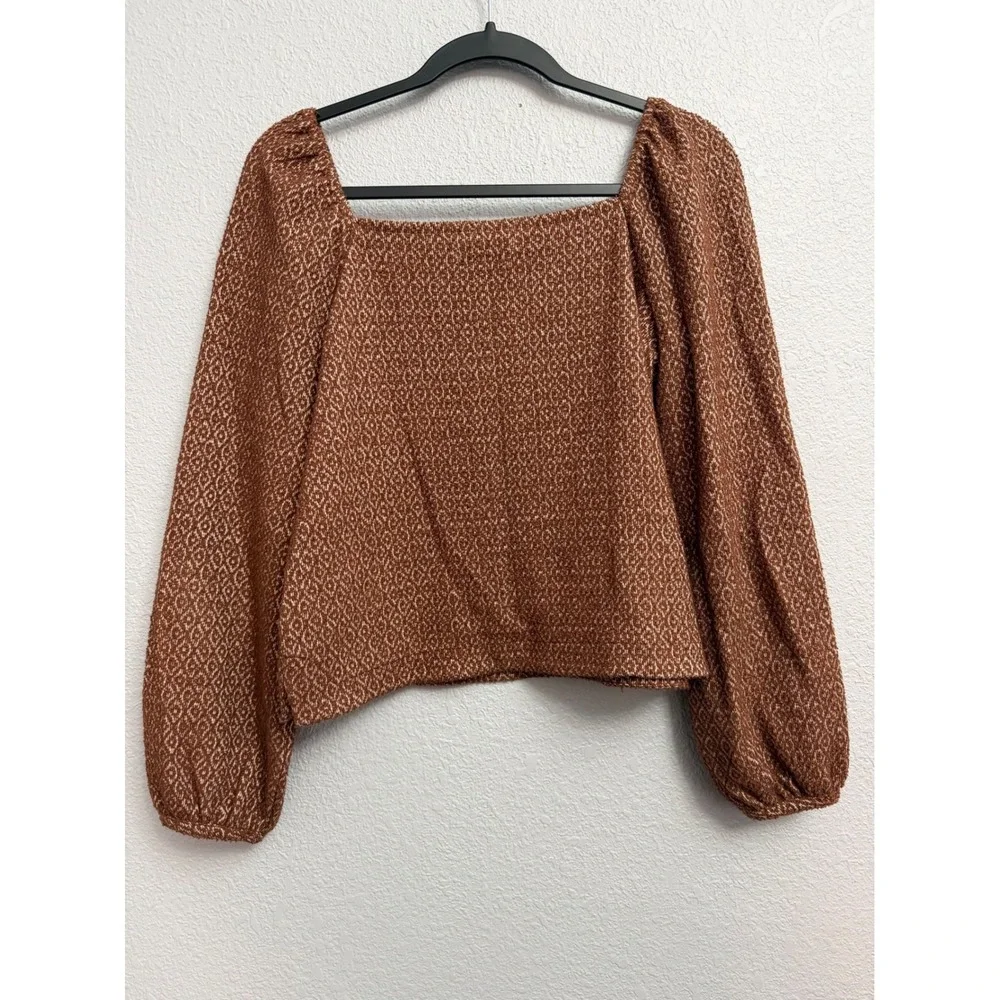 Madewell XS Rust Brown Jacquard Diamond Square Neck Puff Sleeve Top Blouse